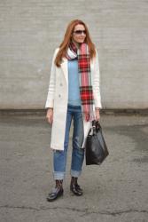 White Coat With Tartan Scarf and Patterned Tights Under Distressed Jeans