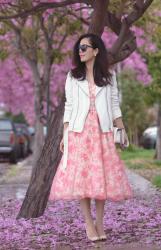 Floral Dress and White Leather Jacket