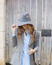 GREY BLAZER AND BLUE BLOUSE