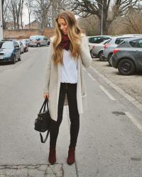 White blouse and burgundy boots 