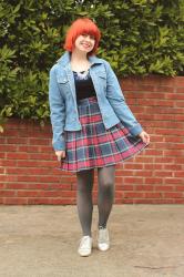 Outfit: Plaid Pleated Skirt, Blue Velvet Top, Jean Jacket, and Silver Shoes