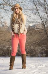 Coral Jeans + Leopard Scarf
