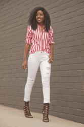 Striped Boyfriend Shirt + Distressed White Jeans