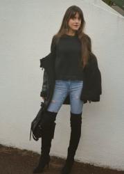 Shearling jacket Mesh Sweatshirt and Over the Knee Boots