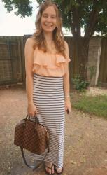 Stripes, Skirts and Louis Vuitton Speedy Bandouliere Bag in Damier Ebene