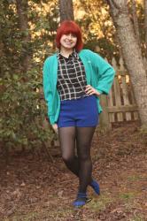 Outfit: Vintage Teal Cardigan, Windowpane Print Top, and Cobalt Blue Shorts