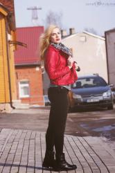 Lady in red leather jacket.