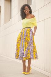 Neon Yellow Blouse + Ankara Print Midi Skirt