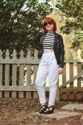 Outfit Inspired by Debbie Harry: White Jeans, Striped Crop Top, and Leather Jacket
