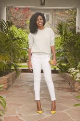 Grey Quilted Crew Neck + White Moto Jeans