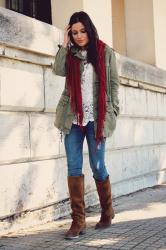 Crochet top, army jacket and suede boots
