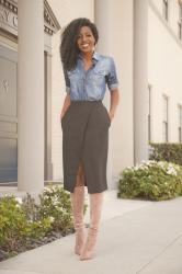 Boyfriend Denim Shirt + Front Slit Wrapover Skirt