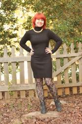 Outfit: Turtleneck Bodycon Sweater Dress with Lace Tights and a Vintage Choker Necklace