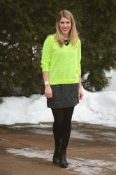 Neon Sweater and Tweed Skirt 