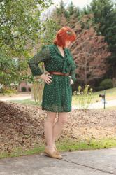 St. Patrick's Day Outfit: Green Polka Dot Dress and Tan Loafers