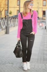 Black dungarees and fluffy pink