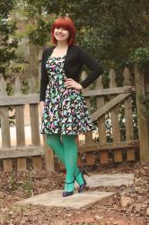 Outfit: Handmade Martini Print Dress, Mint Green Tights, and Purple T-strap Heels