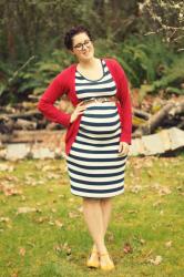 Striped maternity dress and red cardigan