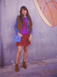 Rust Lace Skirt and Lilac Bag