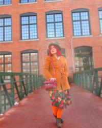 granny florals, orange tights, & a leather coat
