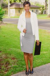 Grey Midi Dress and White Moto Jacket