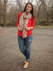 red blouse + print scarf = obvious