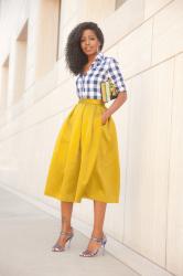 Gingham Button Down + Pleated Midi Skirt