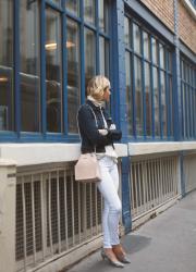 DENIM JACKET AND WHITE JEANS