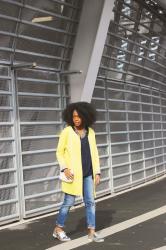 Yellow coat & metallic shoes