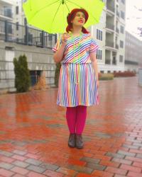 a striped flapper dress on a rainy day