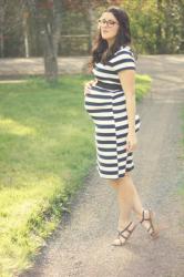 Striped maternity dress and a flower in my hair