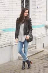 Outfit: Leather jacket, skinnies and silk