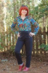 Outfit: Navy Blue Sailor Pants, Colorful Retro Shirt, and Red Shoes