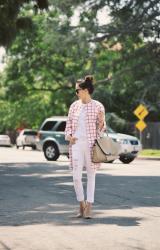 White Ripped Jeans and Pink Silk Jacket