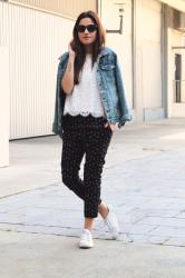 floral pants, lace top and denim jacket