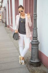 white jeans and pastel blazer