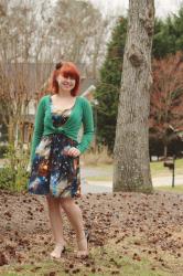 Outfit: Galaxy Print Dress, Green Cardigan, and Holographic Flats