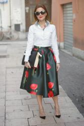 Valentino Rockstud heels, Poppy print midi skirt 