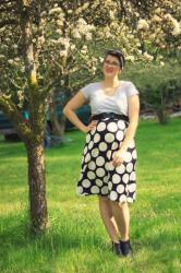 Polka dot dress and striped headscarf