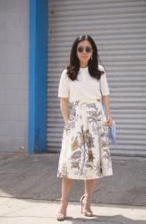 Polo Shirt and Floral Midi Skirt