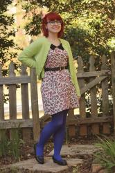 Outfit + Firmoo Review: Pink Leopard Dress, Lime Green Cardigan, Blue Tights, and Blue Glasses