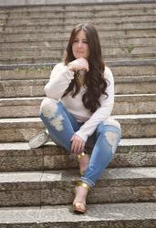 Pink sweater, gold sandals