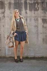 OUTFIT: TRENCH, BLUE SHORTS AND STRIPED SWEATER