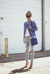 Blue Tweed Jacket and Ripped Jeans