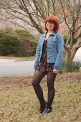 Outfit: Jean Jacket with a Floral Print Romper and Cutout Boots