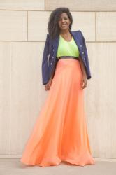 Navy Blazer + Neon Tank + Orange Maxi Skirt