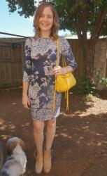 Easter Lunch Outfits: Blue Printed Dresses and Bright Accessories - Rebecca Minkoff Bags
