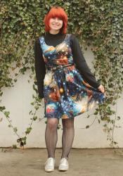 Outfit: Galaxy Print Dress Over a Turtleneck Sweater, Herringbone Fishnets, and Silver Shoes