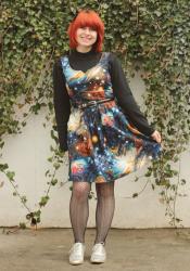 Outfit: Galaxy Print Dress Over a Turtleneck Sweater, Herringbone Fishnets, and Silver Shoes