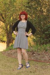 Work Outfit: Striped Dress, Black Cardigan, Cat Eye Glasses, and Blue Flats